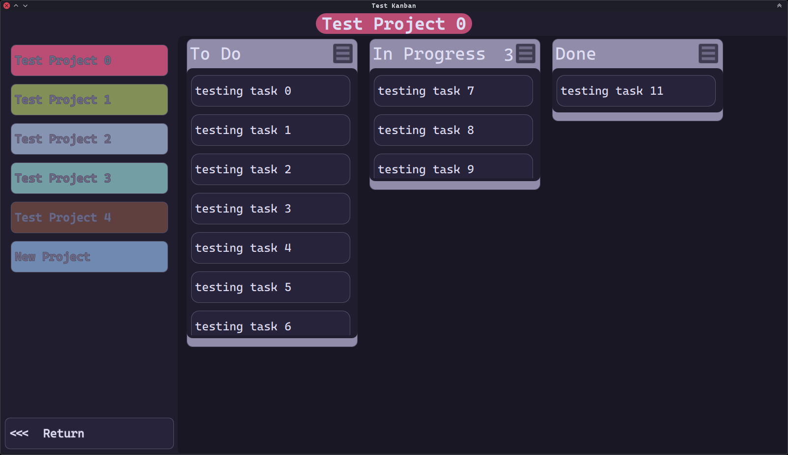 screenshot of testing build of the Kanban app, showing a Test Board