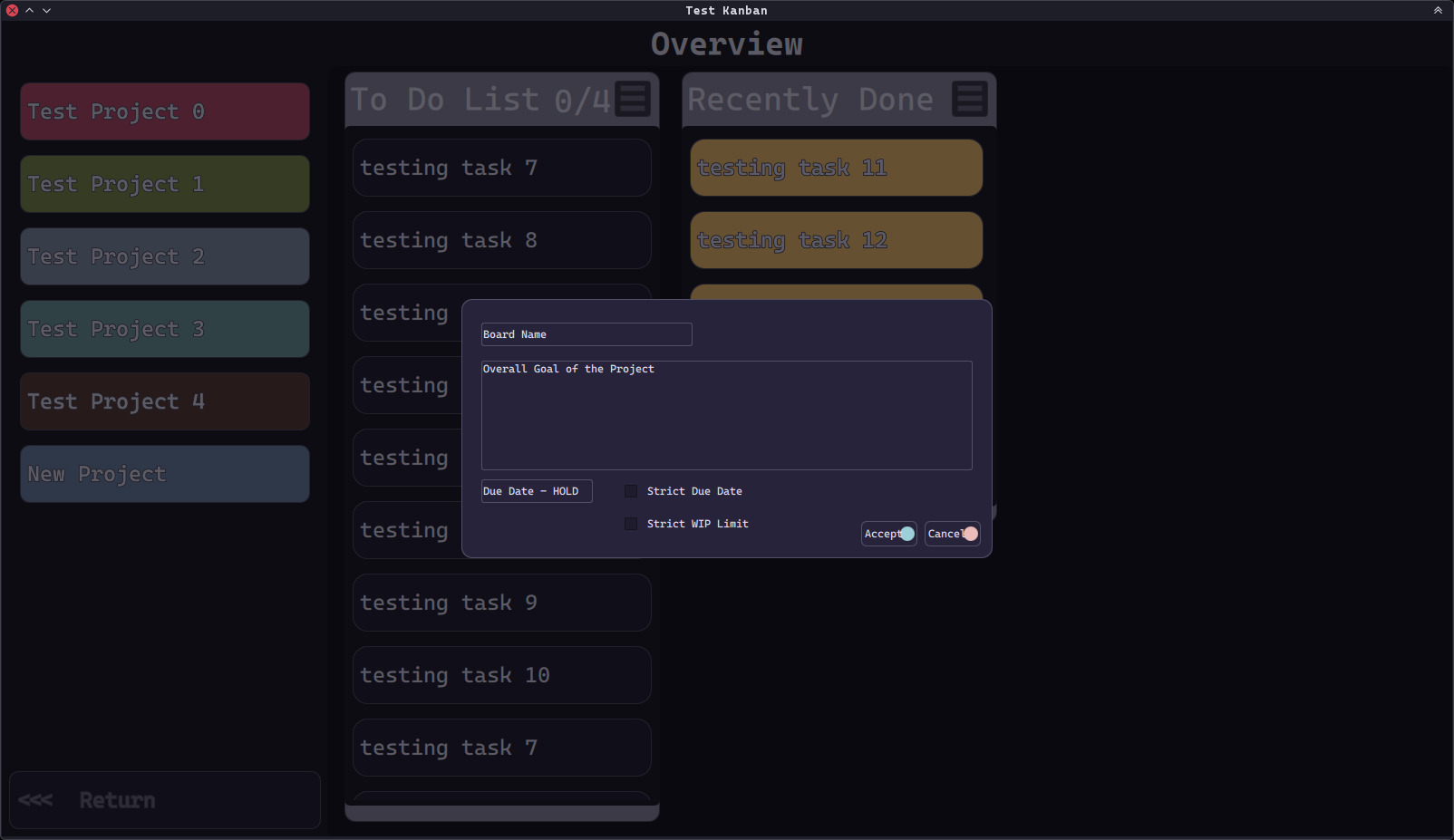 screenshot of testing build of the Kanban app, showing a dialog to add a Board
