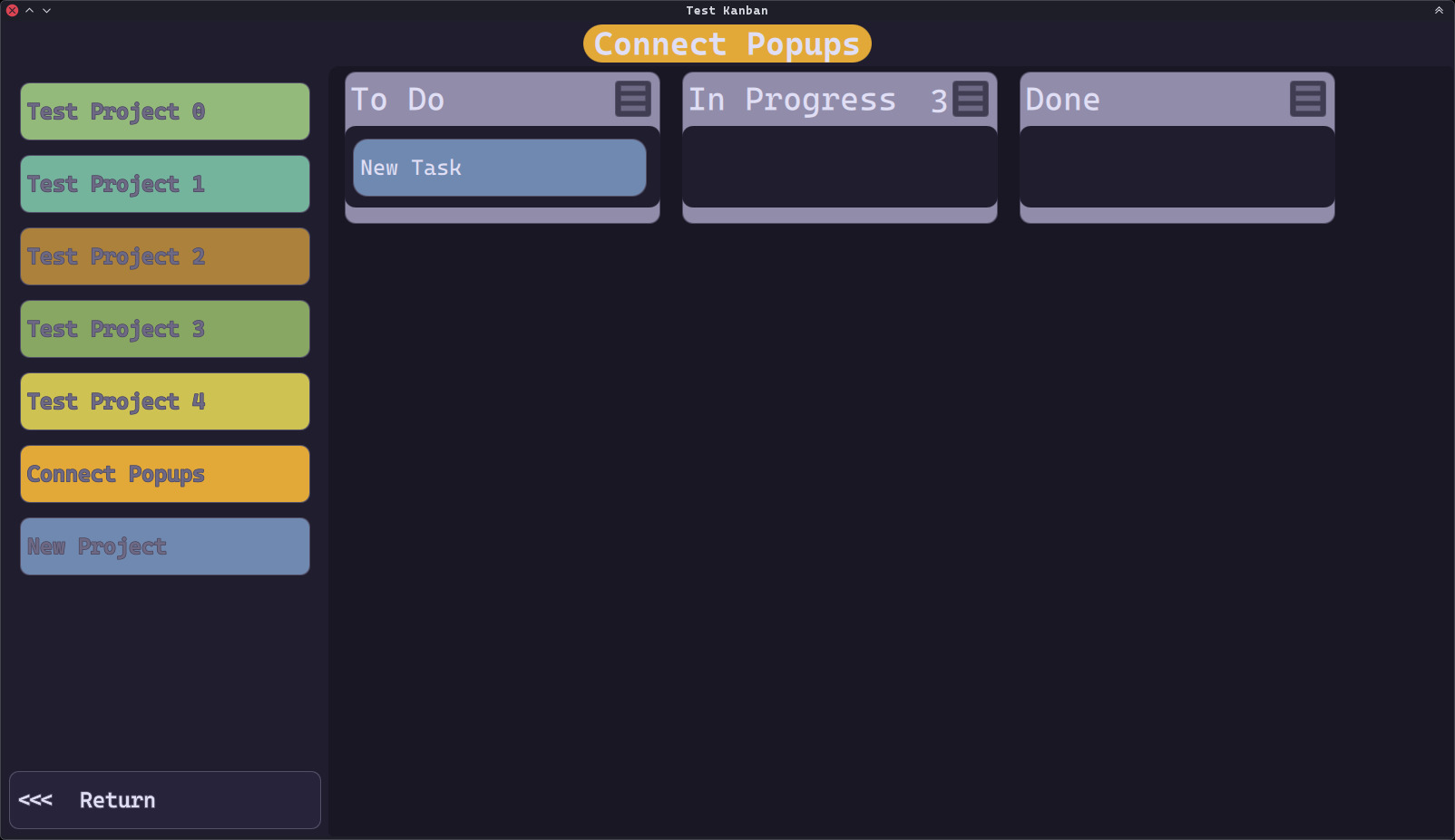 screenshot of testing build of the Kanban app, showing a Test Board
