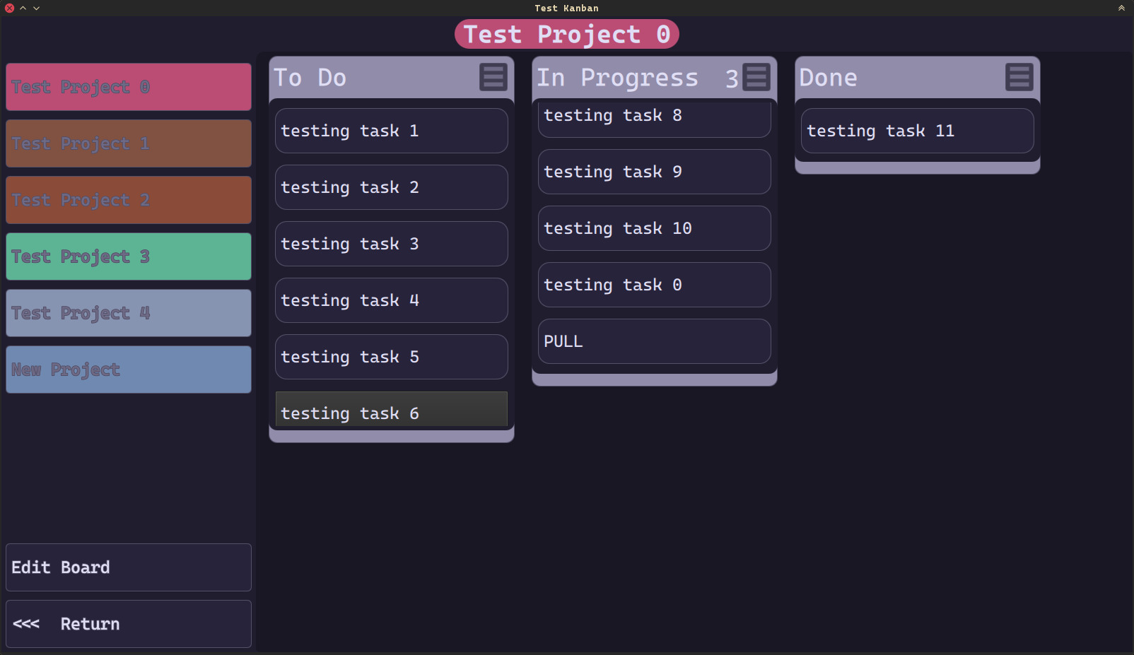 screenshot of testing build of the Kanban app, showing a Test Board