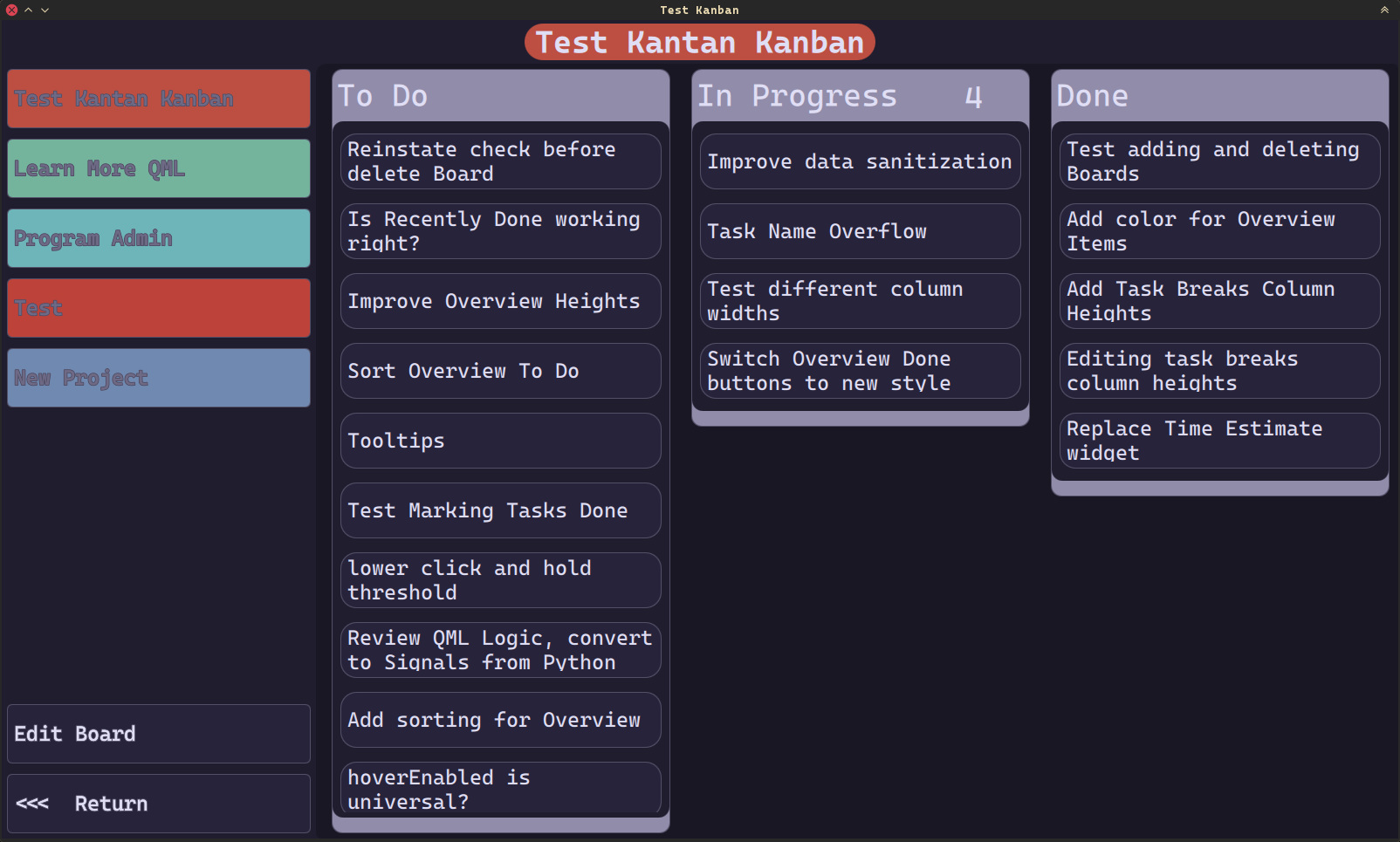 screenshot of testing build of the Kanban app, showing a Test Board