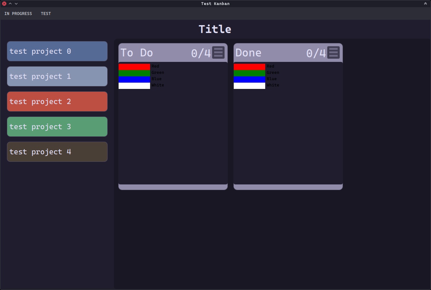 screenshot of testing build of the Kanban app, showing a list of Test Projects