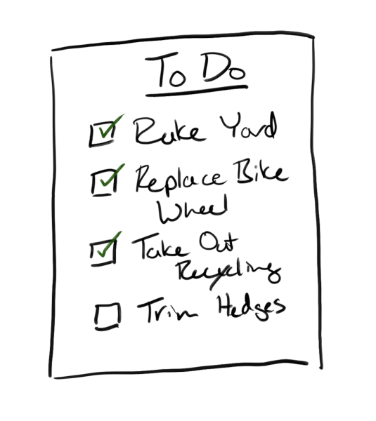 Drawing of a To Do list, with four entries, three have green check marks